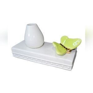 NF Nora Fleming White Ceramic Bud Vase Pen Toothpick Holder Green Butterfly HTF